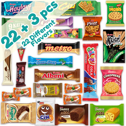 A colorful assortment of 25 packaged Turkish snacks and candies in various wrappers, with a large green and white label reading 22 + 3 pcs 22 Different Flavors in the upper left corner.