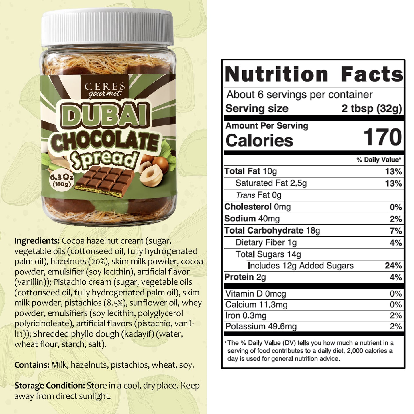 Dubai Chocolate Spread – 6.35 oz for Breakfast, Snacks, and Desserts