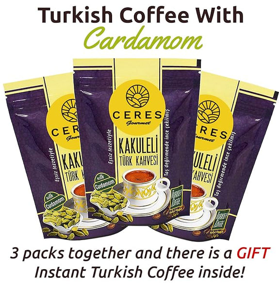 Traditional Turkish Coffee with Cardamon 3.5 Ounce (3 Pack), Authentic Roasted Finely Ground Coffee for Traditional Coffee Pot, Middleeastern Imported Fine 100% Arabica Ground Coffee, 10.5 Oz