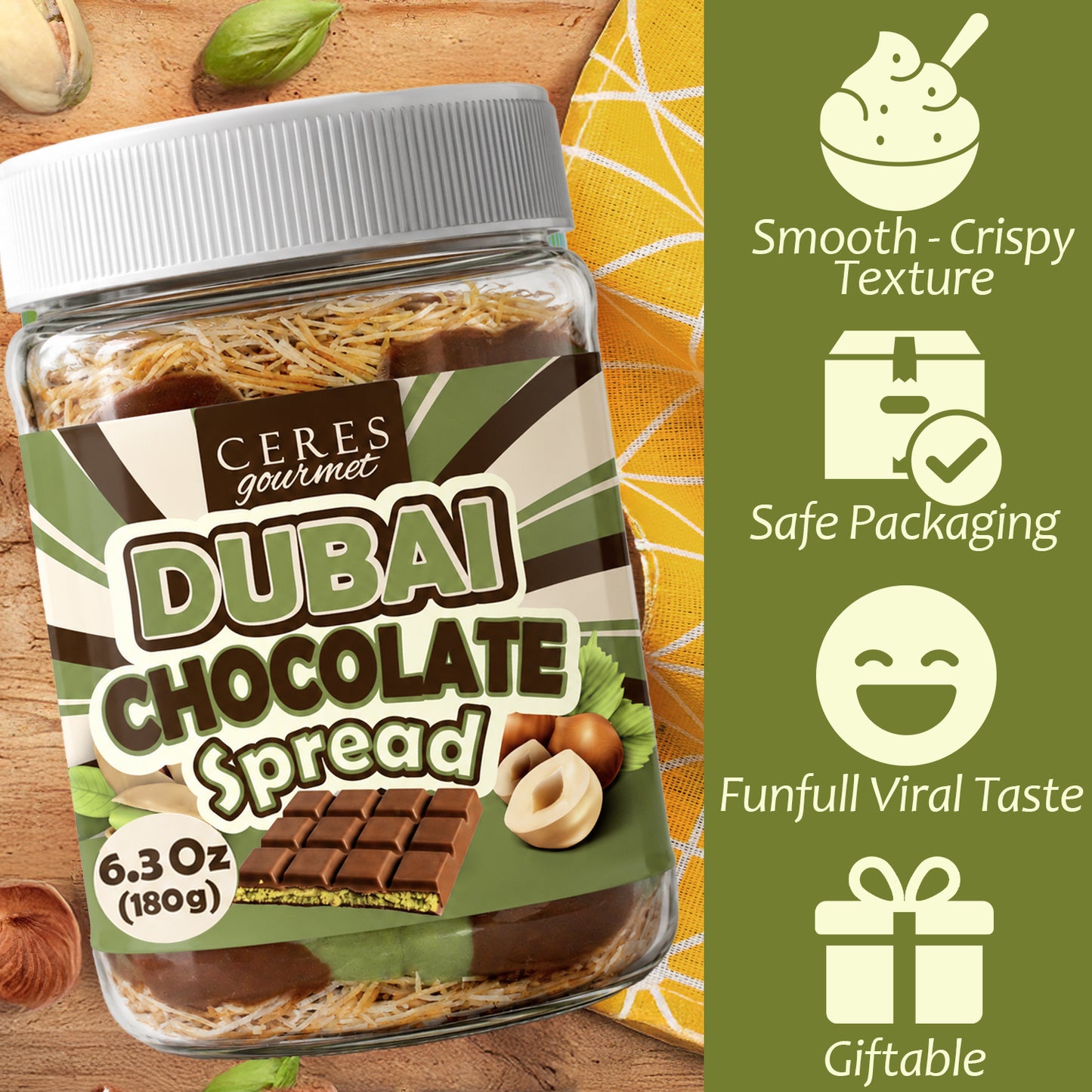 Dubai Chocolate Spread – 6.35 oz for Breakfast, Snacks, and Desserts