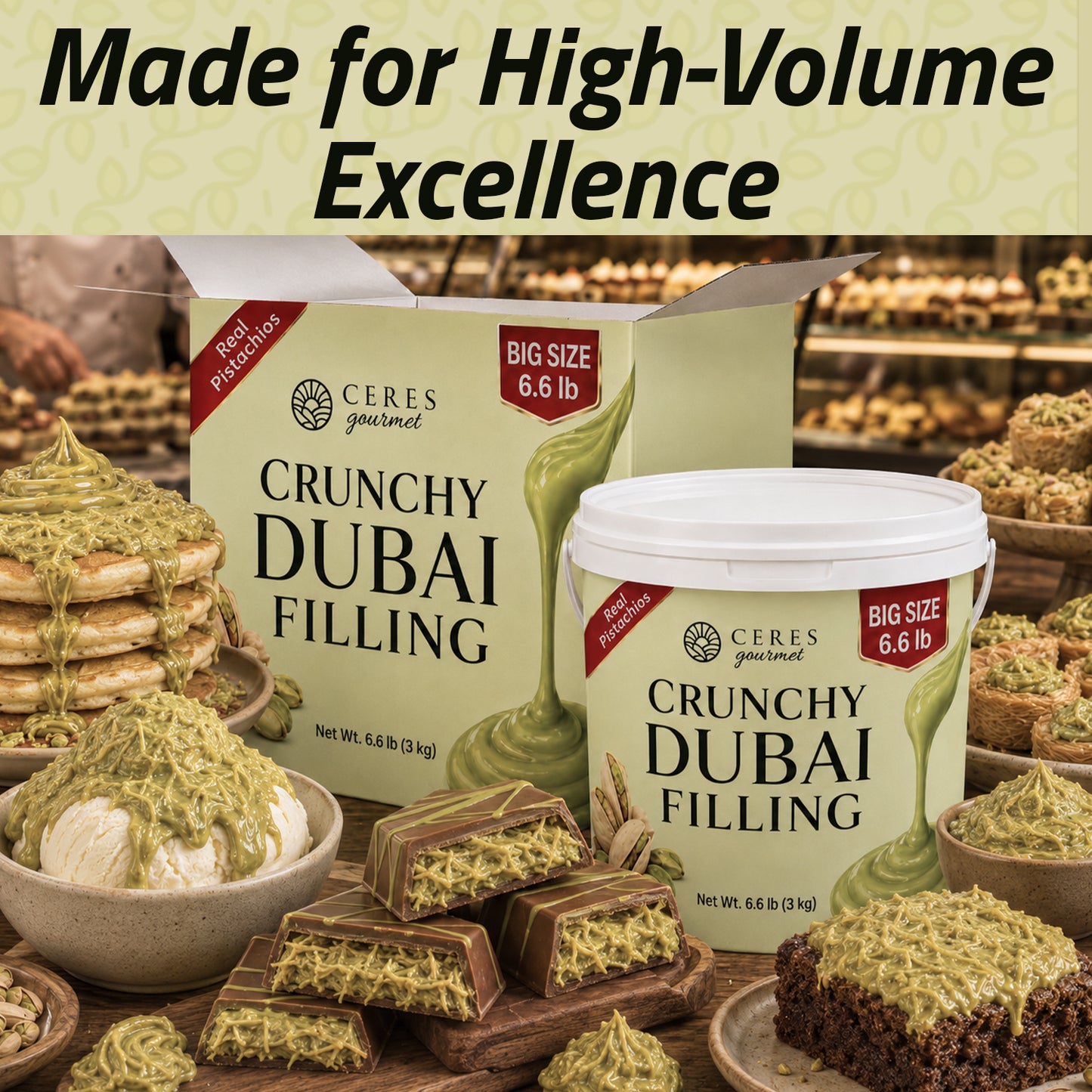 Premium Pistachio & Kataifi Filling – For Dubai Chocolate Creations – 2.2 lb and 6.6 lb
