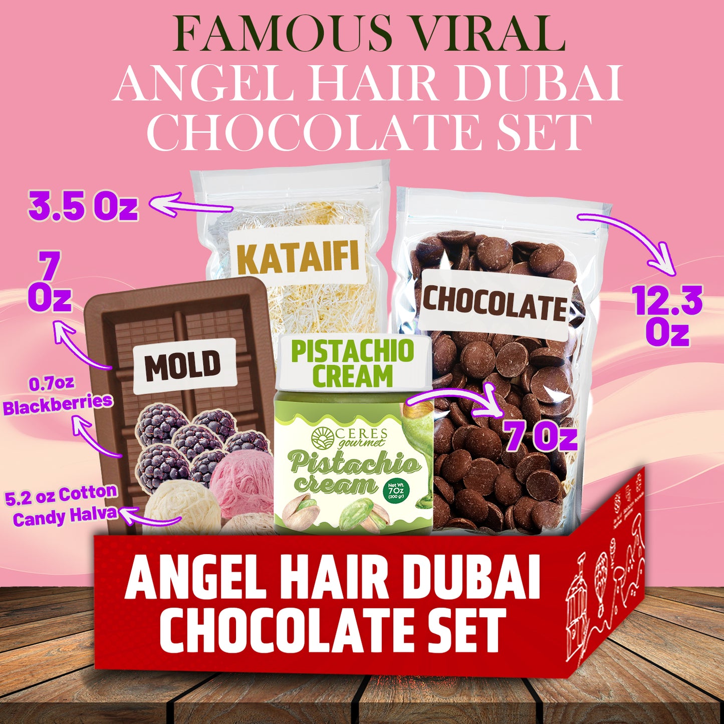 Box of Angel Hair Dubai Chocolate Set with labeled components on a pink background