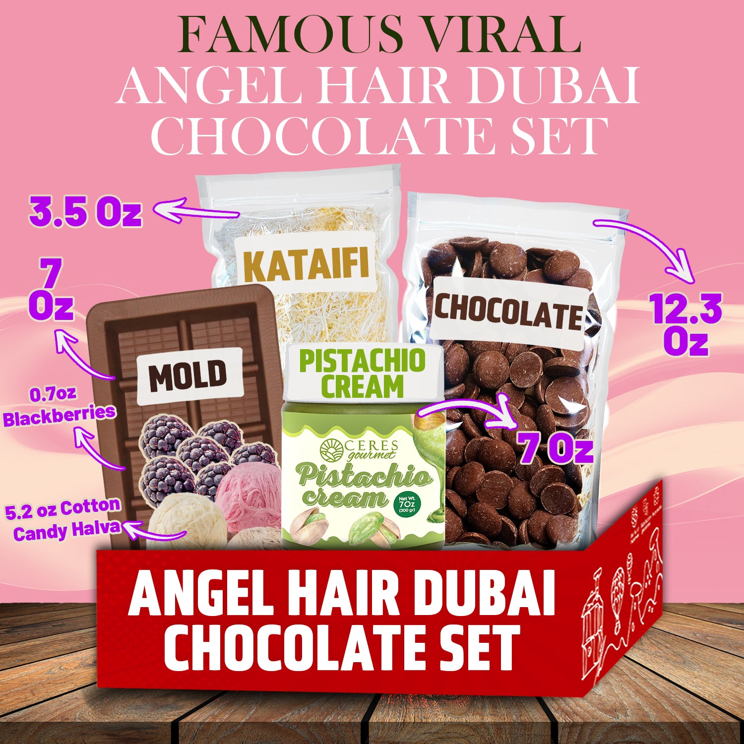 Box of Angel Hair Dubai Chocolate Set with labeled components on a pink background