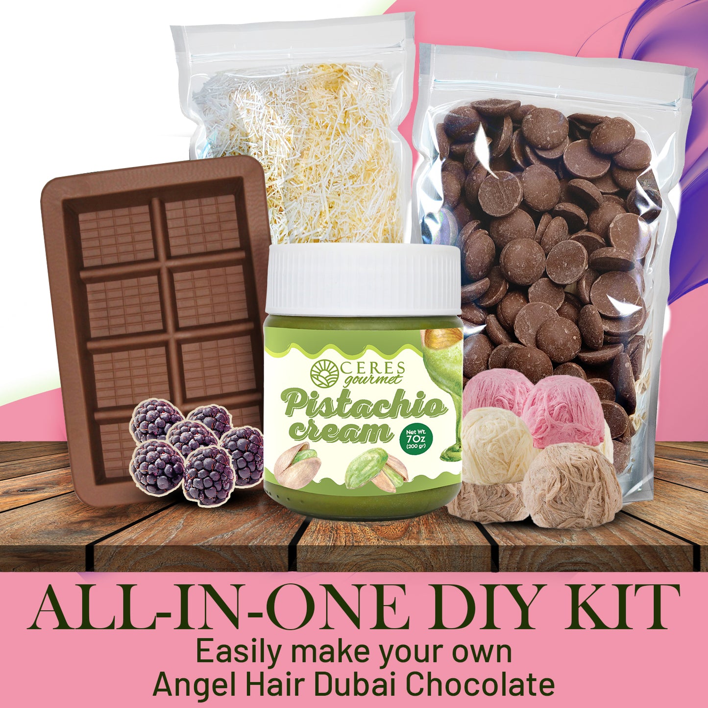 All-in-one DIY kit for making angel hair Dubai chocolate with a silicone mold, chocolate chips, and a container of pistachio cream.