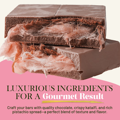 Chocolate soap bars with kataifi and pistachio spread on a pink background