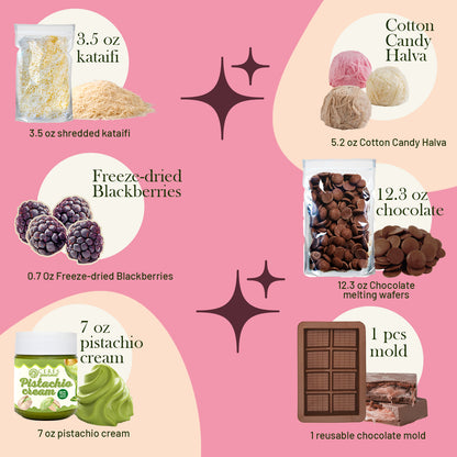 Product display with various items including kataifi, cotton candy halva, blackberries, chocolate, pistachio cream, and a mold on a pink background.