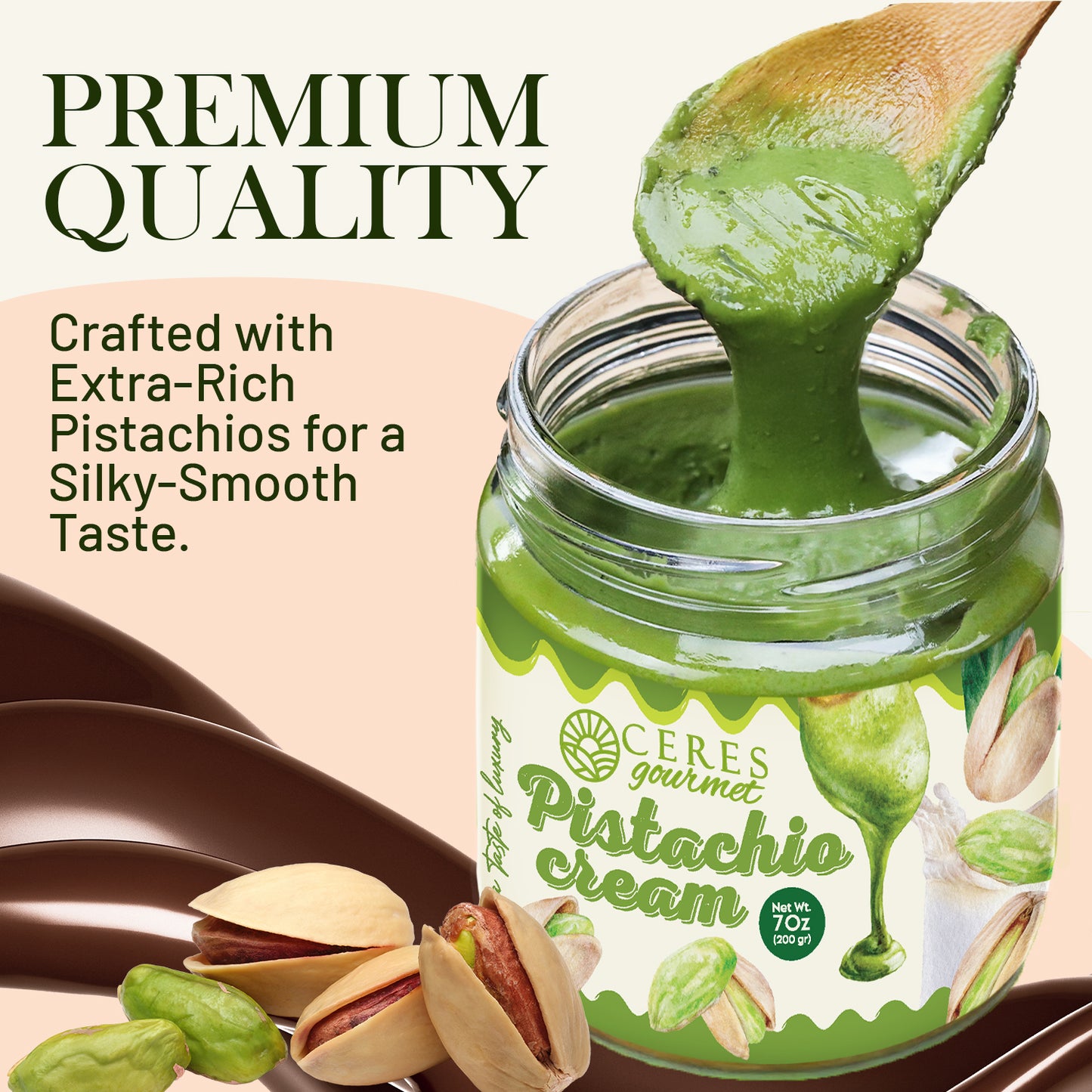 Jar of Ceres Gourmet Pistachio Cream with a wooden spoon, pistachios, and text about premium quality.