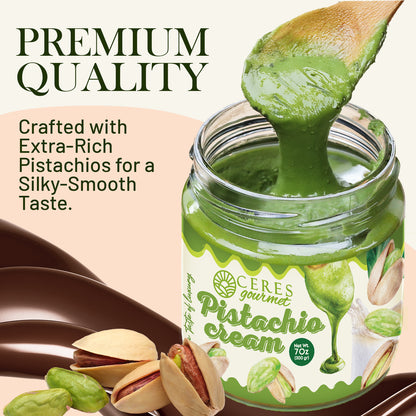 Jar of Ceres Gourmet Pistachio Cream with a wooden spoon, pistachios, and text about premium quality.
