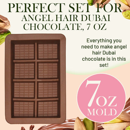 Chocolate mold with text about angel hair Dubai chocolate set