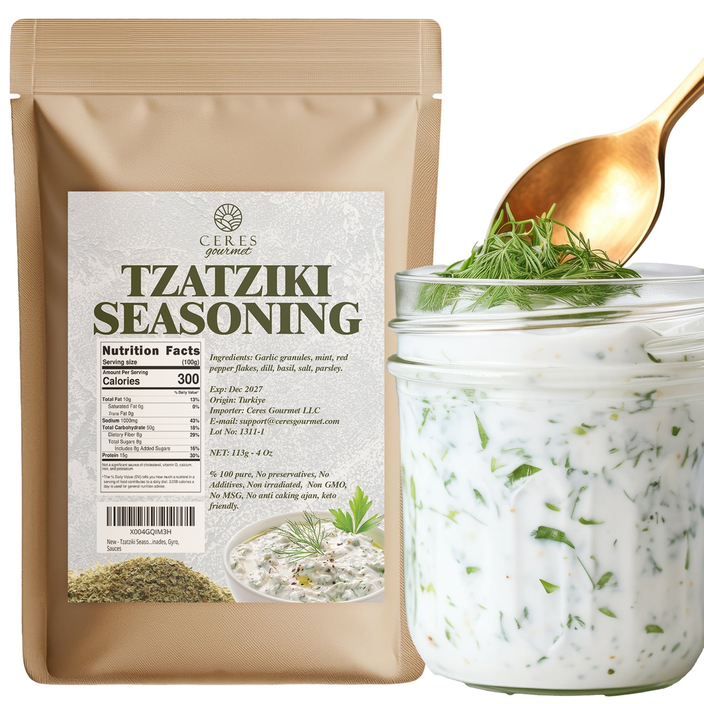 A Ceres Gourmet Authentic Greek Tzatziki Dip Spice Blend 4 oz package stands beside a jar of creamy Greek Tzatziki Dip topped with dill; a gold spoon is behind the jar. The package shows ingredients, nutrition facts, and product image.