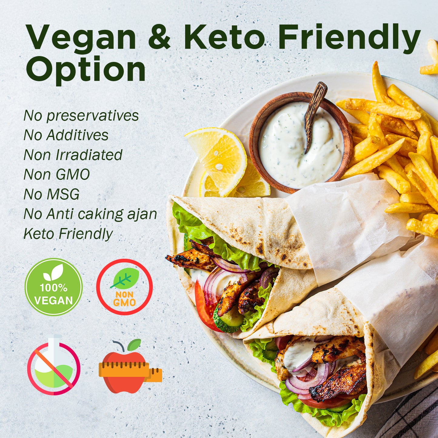 Enjoy two wraps with grilled veggies and greens, served with fries, lemon wedges, and Greek Tzatziki made using Ceres Gourmet Authentic Greek Tzatziki Dip Spice Blend 4 oz. Vegan, keto options available; health-boosting ingredients included.