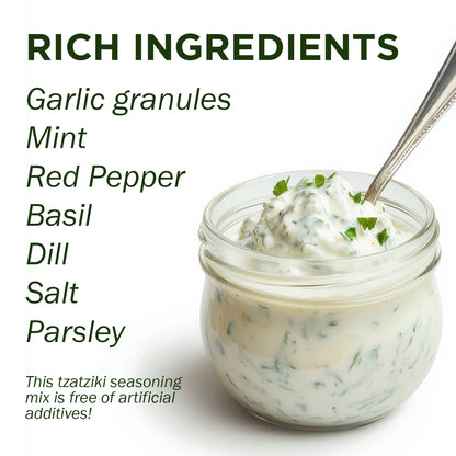 A 4 oz jar of Ceres Gourmet Authentic Greek Tzatziki Dip Spice Blend, featuring garlic granules, mint, red pepper, basil, dill, salt, and parsley, is ready to serve with a handy spoon for easy scooping.