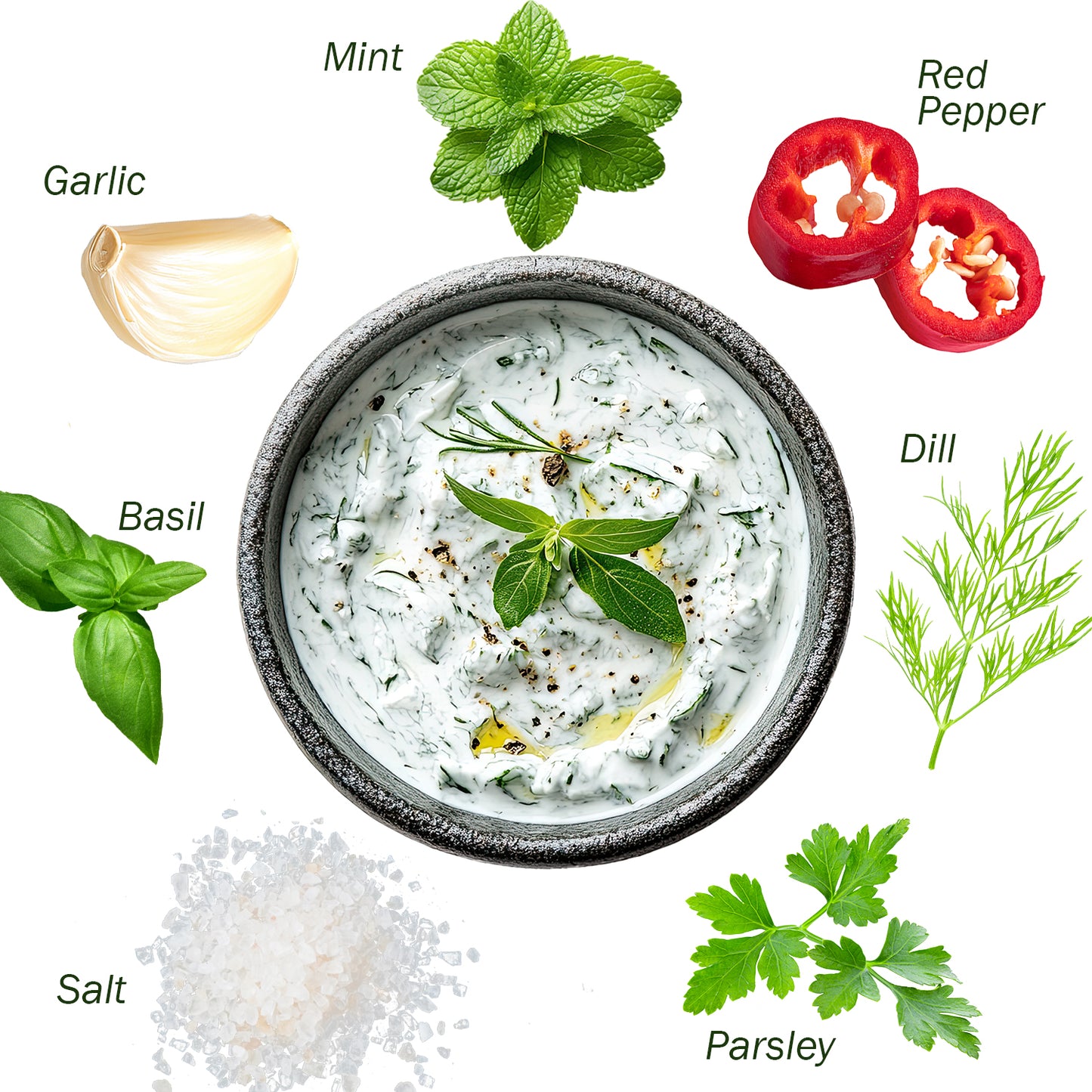 A bowl of creamy Greek Tzatziki Dip, garnished with fresh herbs and surrounded by mint, red pepper, dill, parsley, salt, basil, and garlic—perfectly seasoned with Ceres Gourmet Authentic Greek Tzatziki Dip Spice Blend 4 oz.