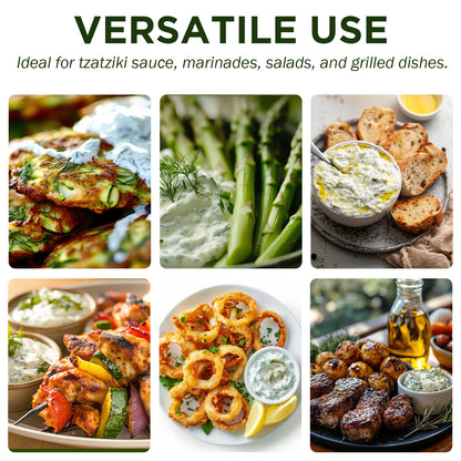 A collage displays dishes like grilled chicken, asparagus, bread, kebabs, calamari, and meat, featuring Ceres Gourmet Authentic Greek Tzatziki Dip Spice Blend 4 oz as a versatile dip and seasoning for any meal.