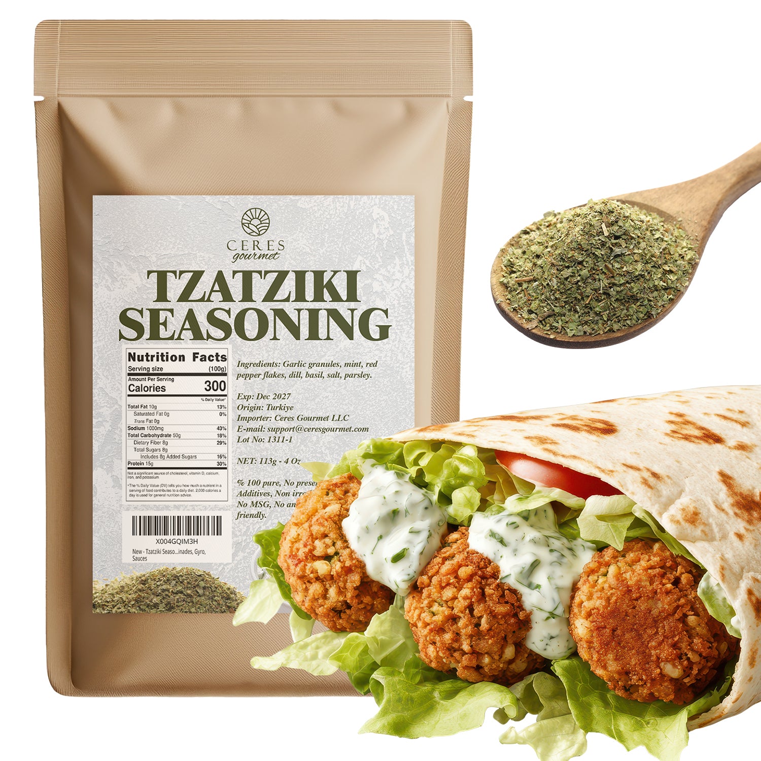 A pouch of Ceres Gourmet Authentic Greek Tzatziki Dip Spice Blend 4 oz is displayed alongside a close-up of the spice on a wooden spoon and a wrap filled with falafel, lettuce, tomato, and tzatziki dip in the foreground.