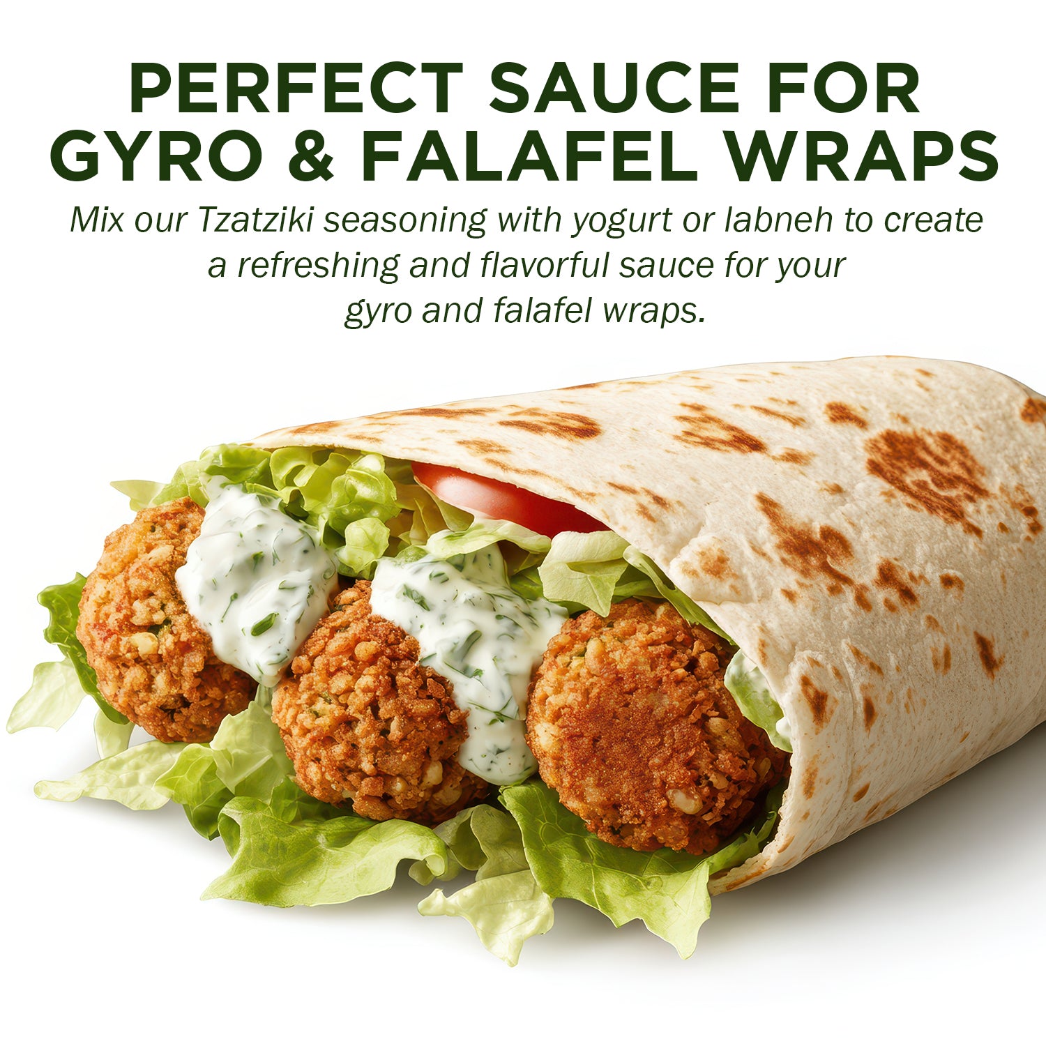 Enjoy a gyro wrap with lettuce, tomato, falafel balls, and creamy Ceres Gourmet Authentic Greek Tzatziki Dip Spice Blend—perfect for gyro and falafel wraps!.