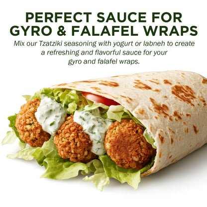 Enjoy a gyro wrap with lettuce, tomato, falafel balls, and creamy Ceres Gourmet Authentic Greek Tzatziki Dip Spice Blend—perfect for gyro and falafel wraps!.
