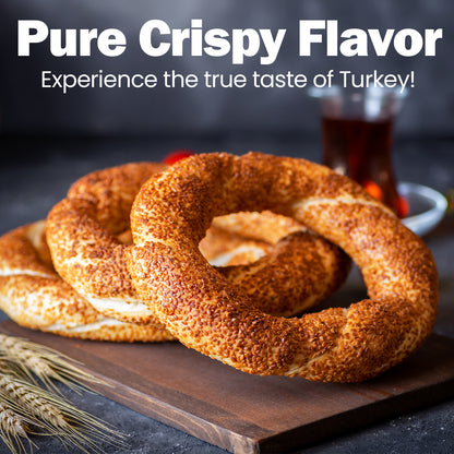 Turkish bagel on a wooden board with text 'Pure Crispy Flavor' and 'Experience the true taste of Turkey!'.