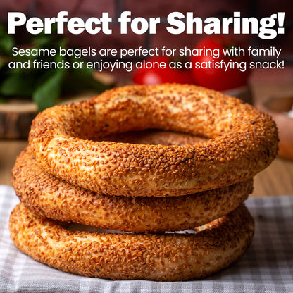 Stack of sesame bagels with text about sharing on a checkered cloth background