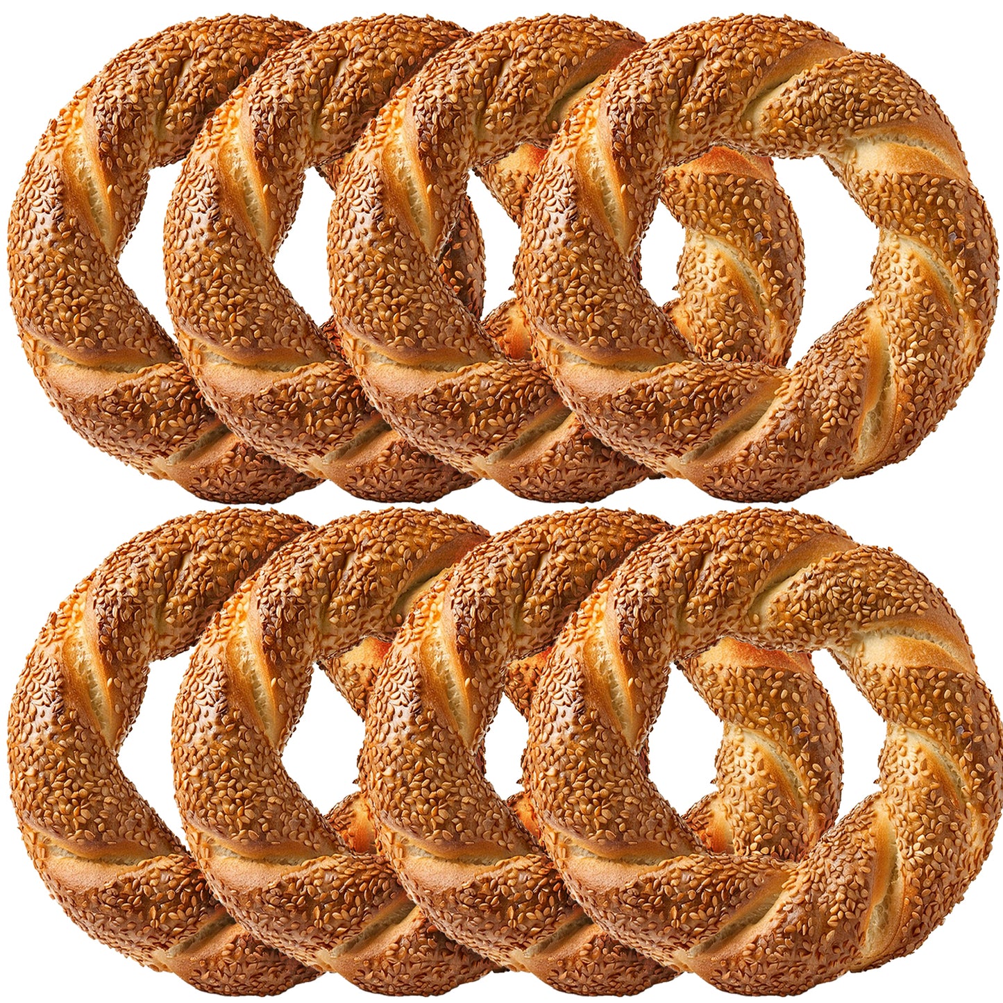 Two stacks of sesame seed bread twists on a white background