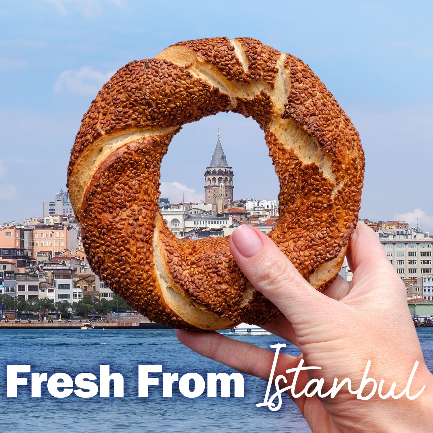 Hand holding a sesame seed bagel with Istanbul's Galata Tower in the background