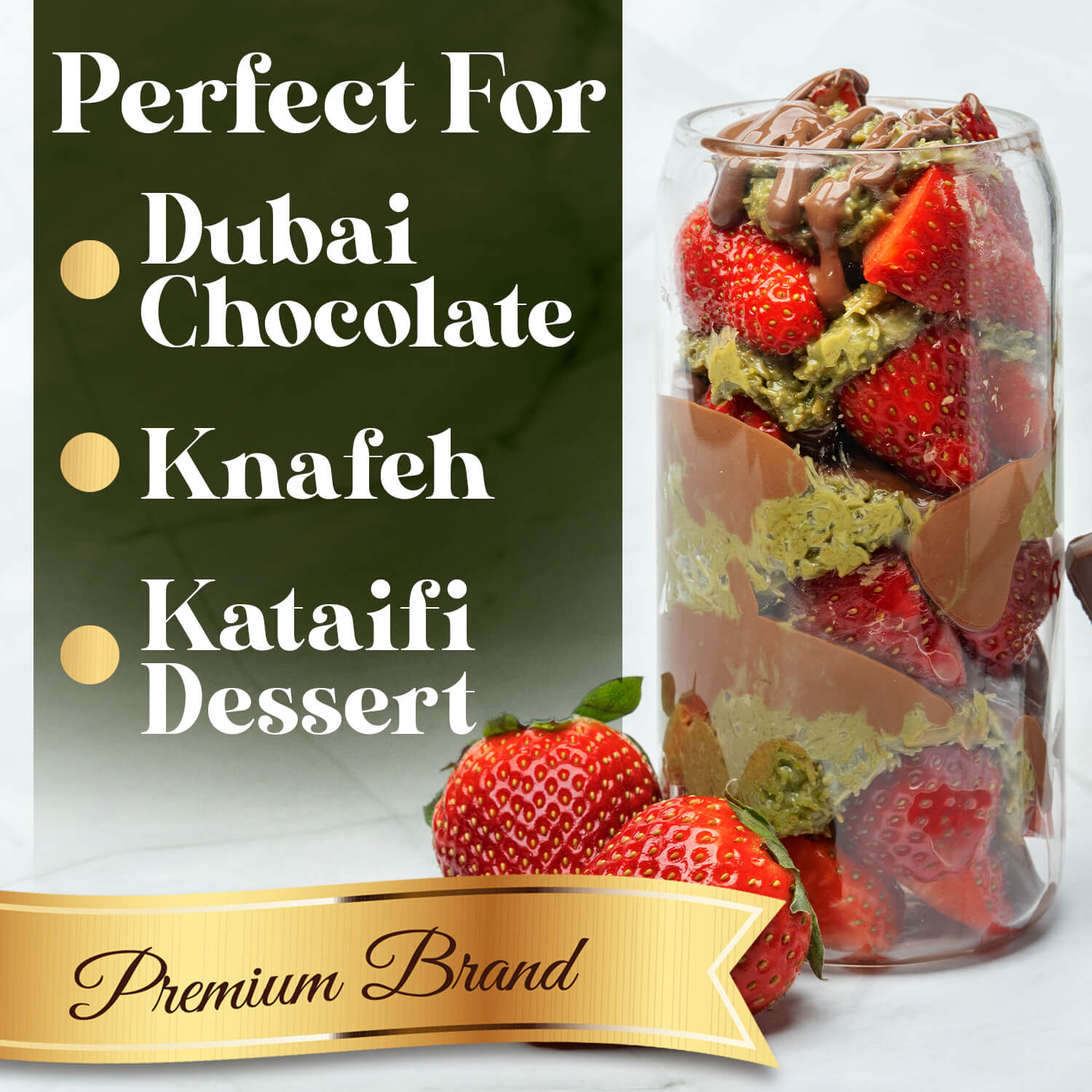 A clear glass jar with strawberries, green cake, and chocolate drizzle sits by whole strawberries. Text: Ceres Gourmet Baked & Chopped Kataifi 11-22-44 lb. Perfect for Dubai chocolate, knafeh desserts. Premium brand on green and gold.
