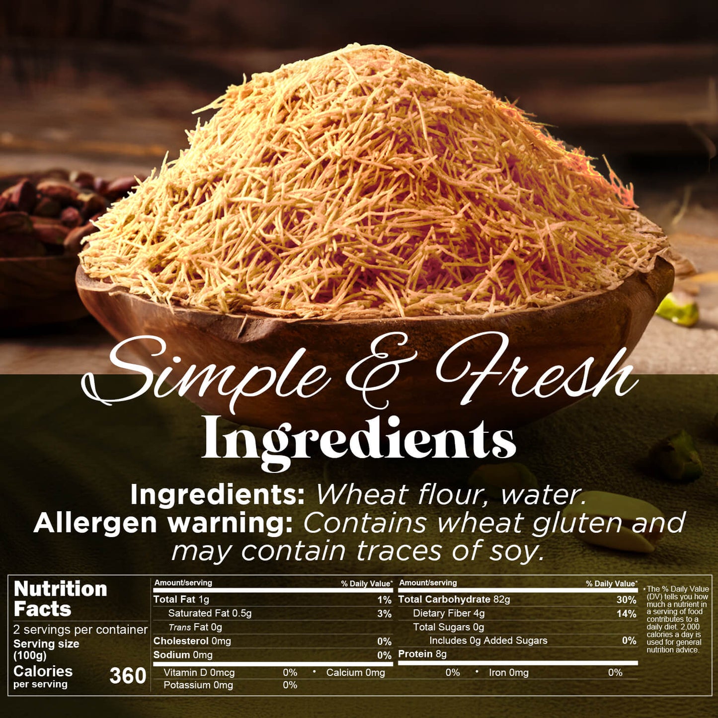 A rustic table holds a wooden bowl of Ceres Gourmet Baked & Chopped Kataifi (11-22-44 lb), with text overlays detailing ingredients, allergens, and nutrition facts for this simple, fresh wheat noodle product.