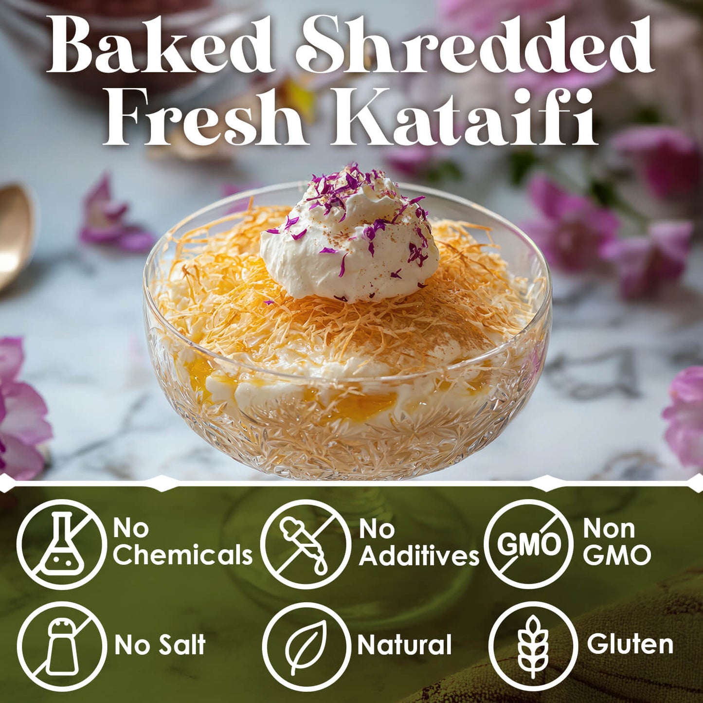 A glass bowl of baked chopped kataifi topped with cream and pink petals; above, text reads "Ceres Gourmet Baked & Chopped Kataifi 11-22-44 lb." Icons below show: no chemicals, no additives, non-GMO, pre-cooked, natural, gluten-free gourmet dessert.