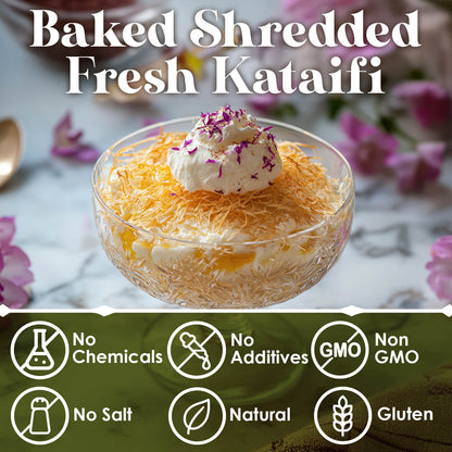 A glass bowl of baked chopped kataifi topped with cream and pink petals; above, text reads "Ceres Gourmet Baked & Chopped Kataifi 11-22-44 lb." Icons below show: no chemicals, no additives, non-GMO, pre-cooked, natural, gluten-free gourmet dessert.