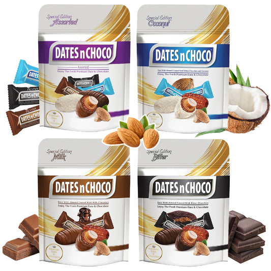 Chocolate Covered Dates with Almonds Variety Pack - 4 pcs, Dark, Milk, White Chocolate Coated Dates Stuffed with Almonds, Individually Wrapped Chocolate Medjool Dates Bulk, Ramadan Gift Box 12.7 Oz