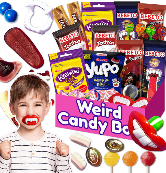 Funny Weird Candy Box Variety Pack 21 Pcs, Vampire Teeth Fangs Witch Fingers and Unique Mystery Rare Foreign Candies Assortment For Families, Scary Weird Candies