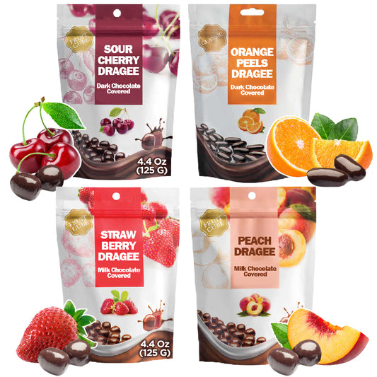 Chocolate Coated Fruit Dragee Variety Pack 4 Pcs, Orange, Cherry, Peach, Strawberry, Dried Fruits Covered with Dark and Milk Chocolate