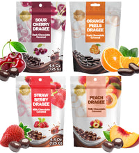 Chocolate Coated Fruit Dragee Variety Pack 4 Pcs, Orange, Cherry, Peach, Strawberry, Dried Fruits Covered with Dark and Milk Chocolate