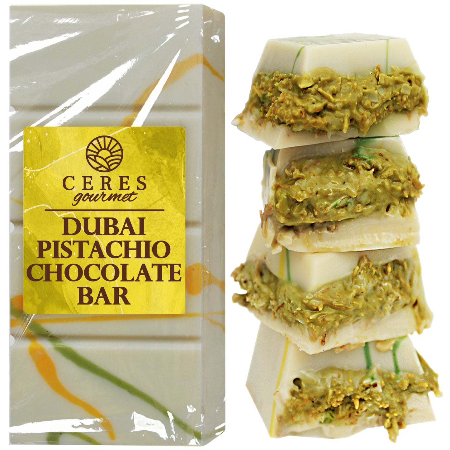 Ceres Gourmet Dubai Chocolate Bar Pistachio 3.5 Oz with White Chocolate Knafeh, Perfectly Portioned Packaging Dubai Chocolate, Premium Kunafa Chocolate Bars (3.5 Oz, White Chocolate)