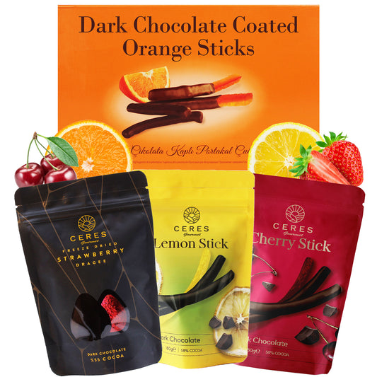 Chocolate Covered Fruits Variety Pack 4 Pcs, Orange, Cherry, Strawberry, Lemon, Exquisite Dark Chocolate-Covered Fruit Gift Box - Perfect Blend of Sweetness and Indulgence with Bigger Packaging