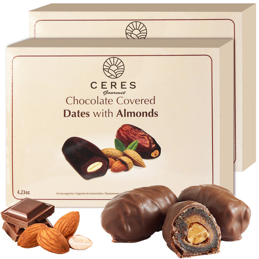 Dark Chocolate Coated Medjool Dates Stuffed with Almonds 2 Packs-8.46 Oz, Premium Bitter Chocolate Covered Dates (Almond)