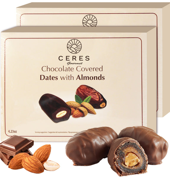 Dark Chocolate Coated Medjool Dates Stuffed with Almonds 2 Packs-8.46 Oz, Premium Bitter Chocolate Covered Dates (Almond)
