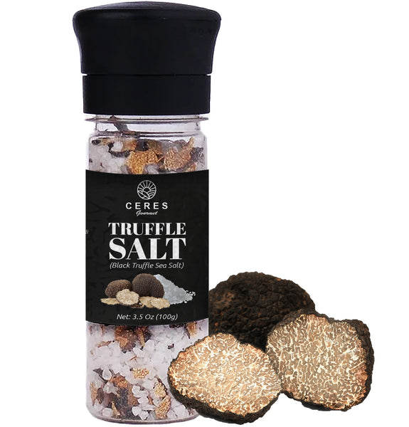Black Truffle Salt Seasoning, Mediterrian Coarse Sea Salt and Real Black Truffle with Grinder Bottle 3.5 Oz