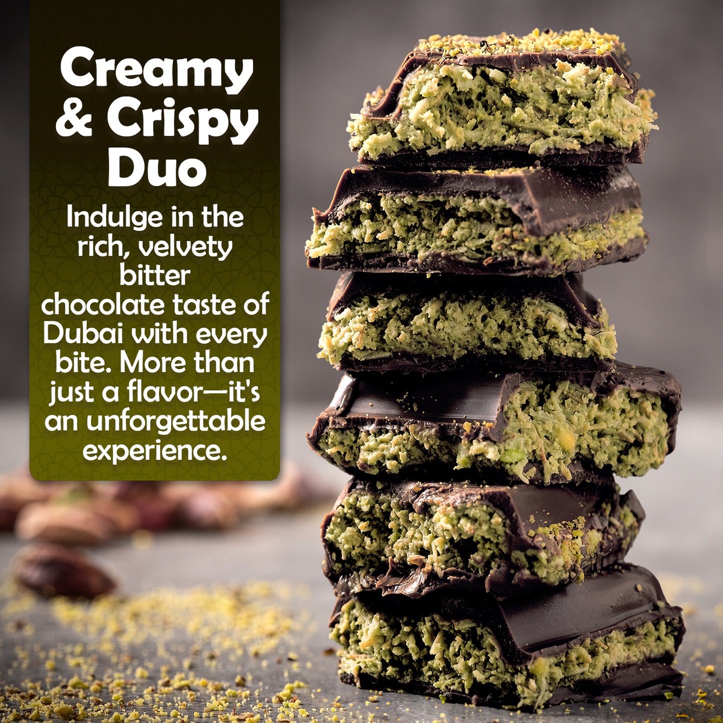 Dark Chocolate Dubai Crispy Knafeh Pistachio Bar 7oz | Kunafa Chocolate Delight | Crunchy Chocolate with Rich Pistachio Kunafe Filling | Gourmet Dessert Gift