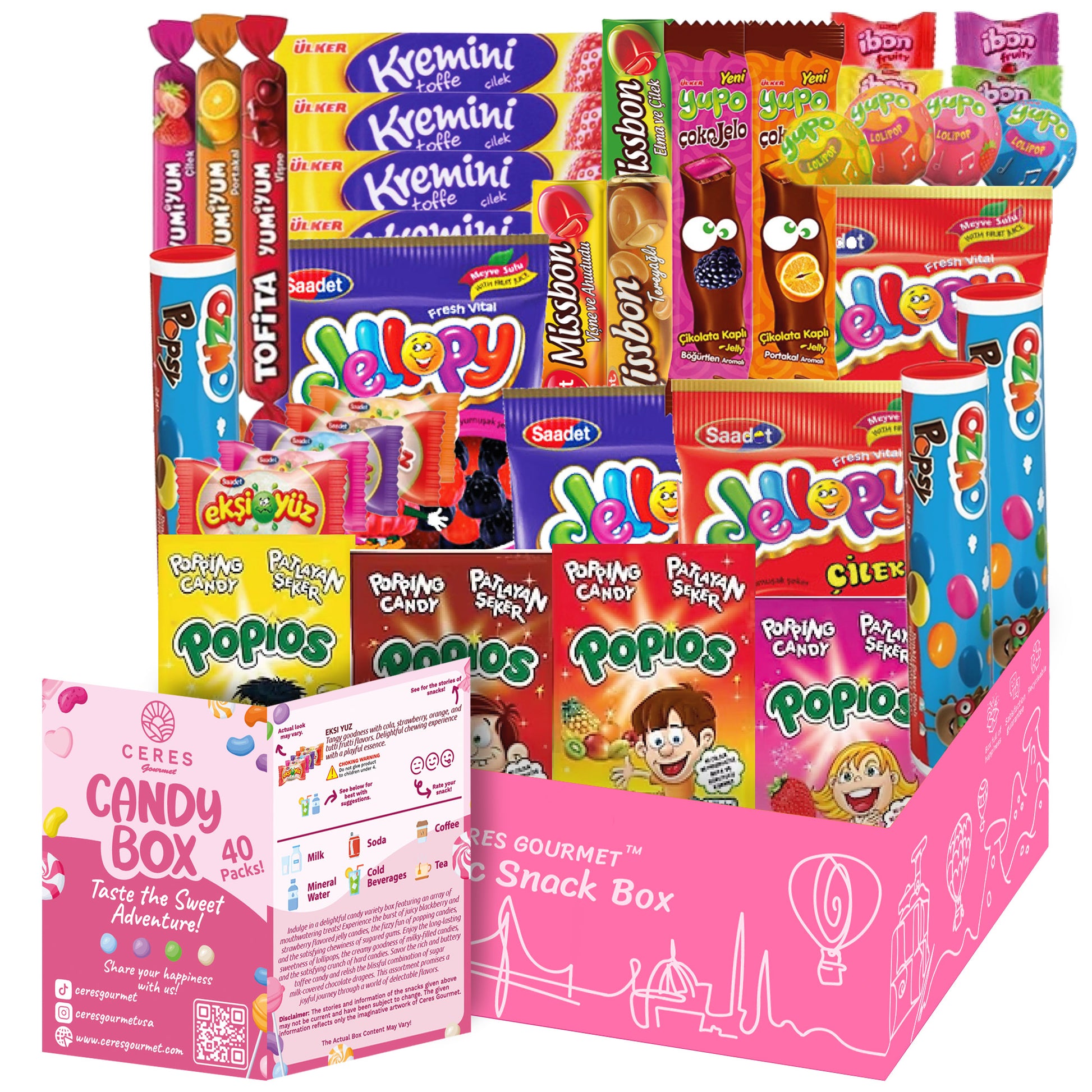 The Ceres Gourmet Candy Snacks Box Foreign Rare Unique 40 Mystery Candy 🍭 features an exotic mix of jelly packs, lollipops, popping candy, chewy bars, and chocolate in vibrant packaging displayed upright inside the open box.