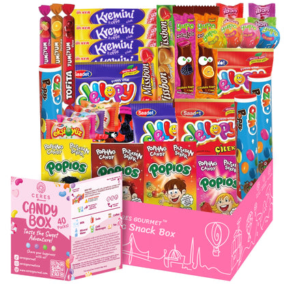 The Ceres Gourmet Candy Snacks Box Foreign Rare Unique 40 Mystery Candy 🍭 features an exotic mix of jelly packs, lollipops, popping candy, chewy bars, and chocolate in vibrant packaging displayed upright inside the open box.
