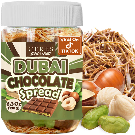 Jar of Ceres Gourmet Dubai Chocolate Spread with ingredients on a white background