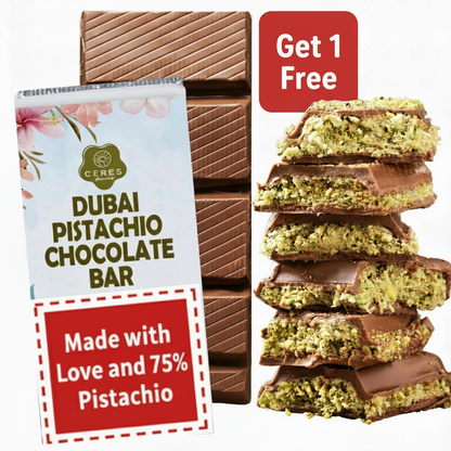 Ceres Dubai Pistachio Chocolate Bar packaging with a stack of chocolate bars.