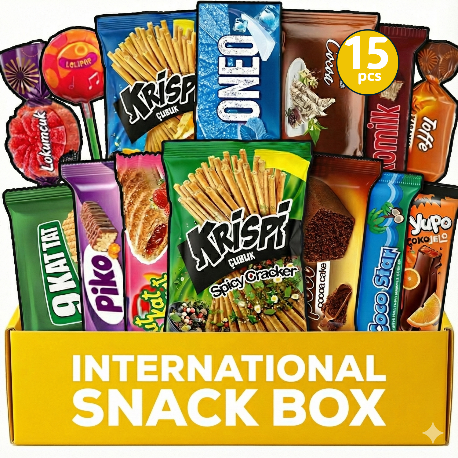 Assorted international snack box with various snack packets in a yellow box.
