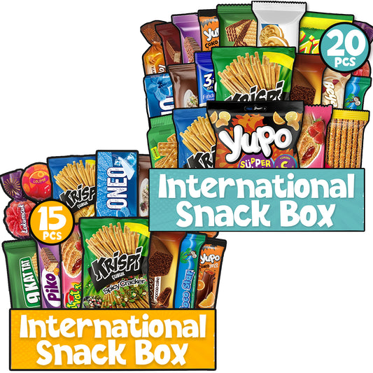 International snack box with various snack packets on a white background