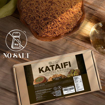 A box of Ceres Gourmet Cooked & Chopped Kataifi for Dubai Chocolate, Ready-to-Use 7oz sits on a wooden table by a serving of the pastry, perfect as a shredded dessert topping. A No Salt icon shows the product contains no salt.