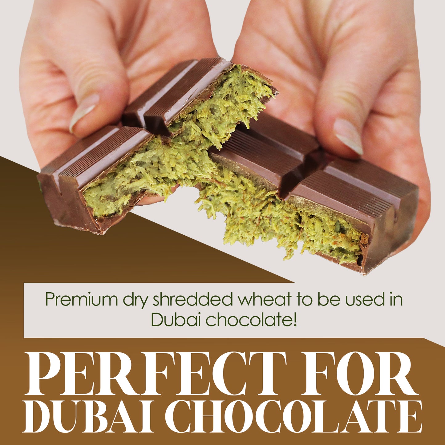 A pair of hands breaks apart a chocolate bar filled with green cooked kataifi. Text reads: “Ceres Gourmet Cooked & Chopped Kataifi for Dubai Chocolate, Ready-to-Use 7oz—perfect for your chocolate creations!”.