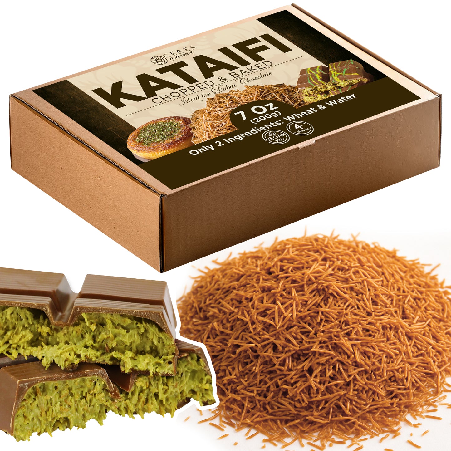 A box of Ceres Gourmet Cooked & Chopped Kataifi for Dubai Chocolate, Ready-to-Use 7oz, is shown alongside kataifi pastry topped with Dubai Chocolate and a pile of plain kataifi strands on a white background.