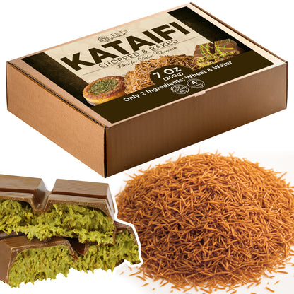A box of Ceres Gourmet Cooked & Chopped Kataifi for Dubai Chocolate, Ready-to-Use 7oz, is shown alongside kataifi pastry topped with Dubai Chocolate and a pile of plain kataifi strands on a white background.
