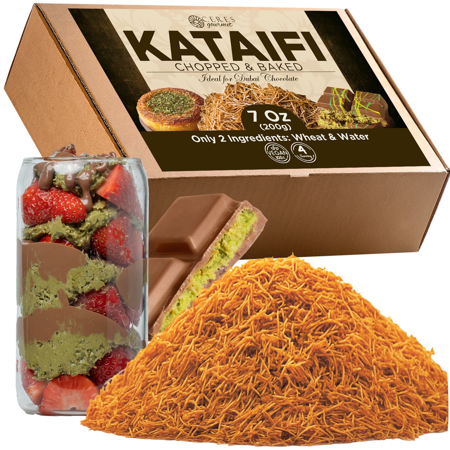 Ceres Gourmets Cooked & Chopped Kataifi for Dubai Chocolate (Ready-to-Use 7oz) is shown with orange kataifi strands, a chocolate-covered dessert with strawberry and green filling, and a chocolate bar. Packaging highlights wheat and water.